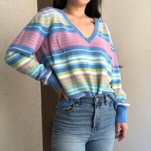 Cotton candy pastel striped retro vneck sweater XL